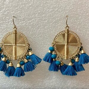 GOLD AND BLUE TASSEL HOOK EARRINGS (1in. Diameter)